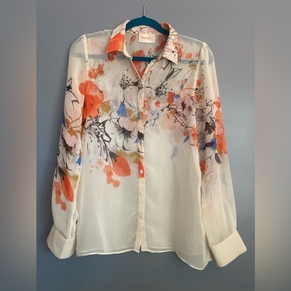 Moon Ladies Sheer Floral Dressy Blouse Off White Size XS/S‎ SEE MEASUREMENTS